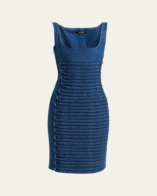 Stripe Embroidered Sleeveless Denim Dress